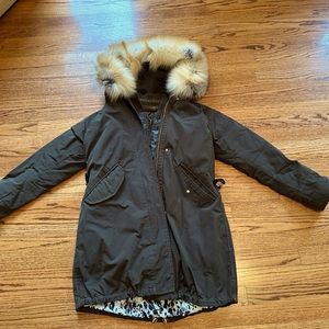 Gorski Apres Ski Coat, XS Women’s, Olive Green, fox fur trim, removable vest
